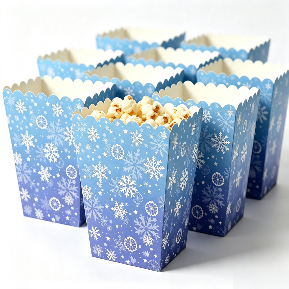 Event Party Box - 10-50個入り スノーフレークポップコーンボックス 紙製スナックボックス キャンディークッキー容器 冬のフローズンテーマ クリスマス誕生日パーティー用品