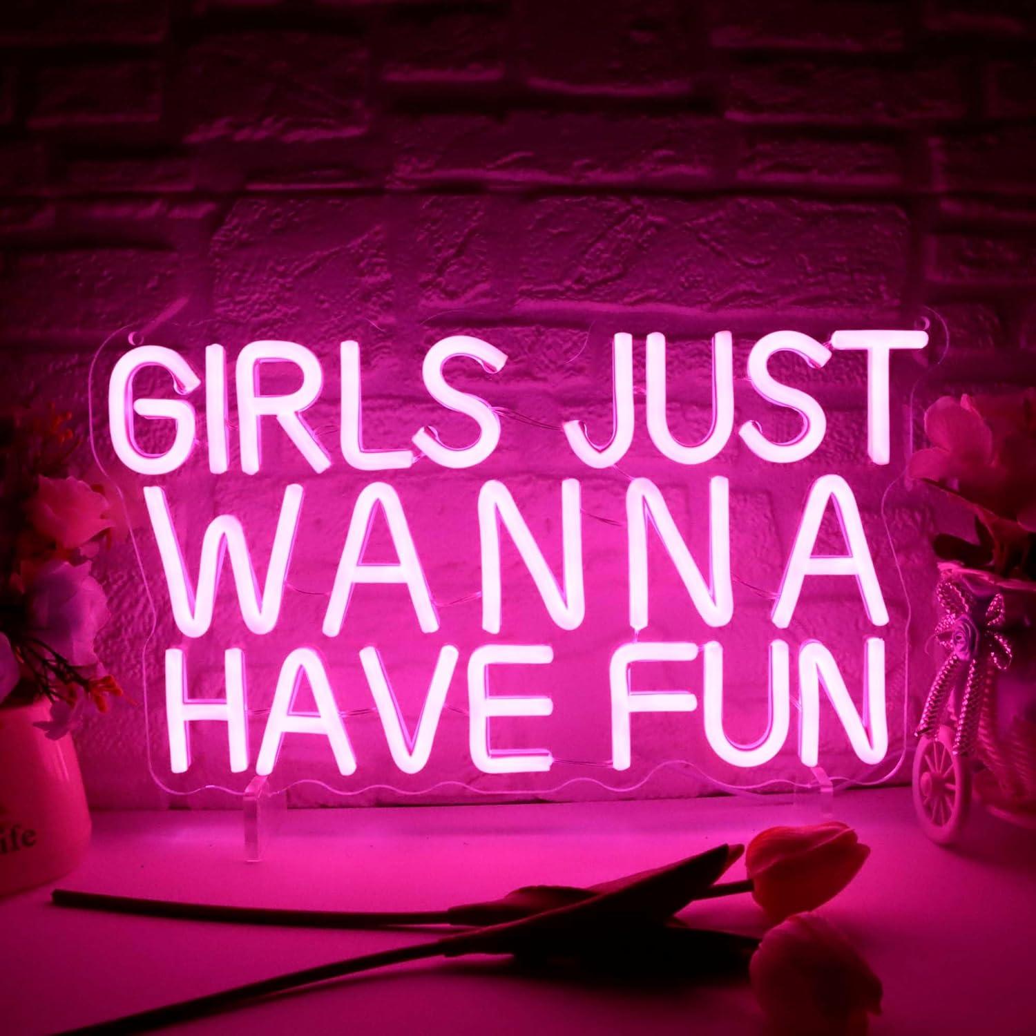Neon Sign Party - 「女の子はただ楽しんでいたいだけ」ネオンサイン。USB接続で調光可能なLEDライト。寝室、パーティー、結婚式、女の子をテーマにした壁飾り、特別なギフトに最適。