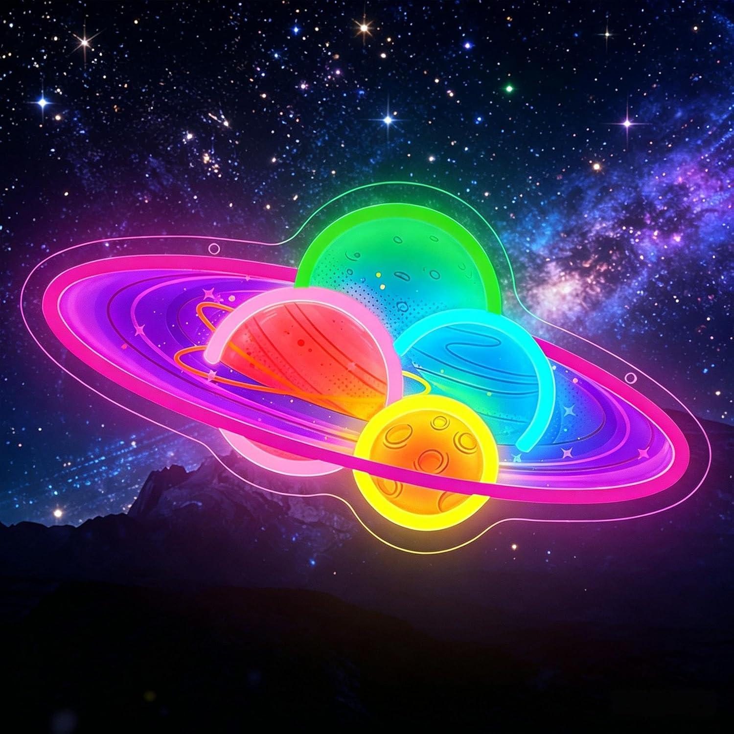 Neon Sign Party - 惑星土星のネオンサイン。USB接続で調光可能なLEDライト。壁の装飾、寝室、リビング、ゲームルーム、子供の誕生日パーティー、宇宙をテーマにしたアートギフトに最適。