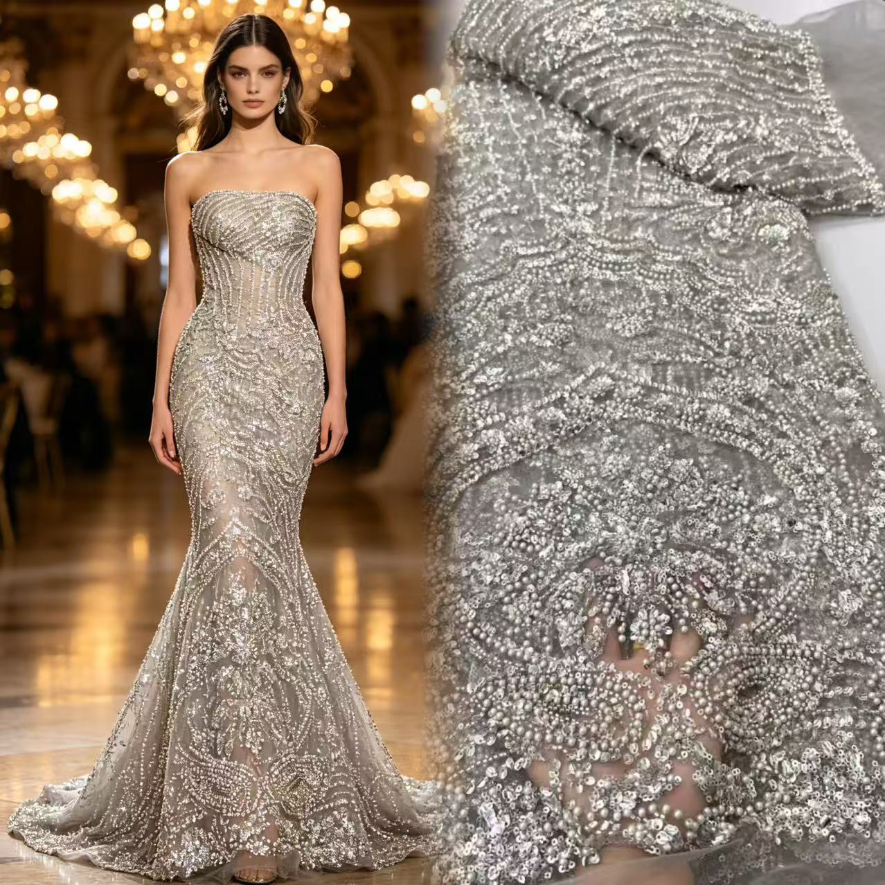 Glitter Tablecloth - 高級フランスチュールネットレース、スパンコールとビーズ付き、アフリカナイジェリア産高品質刺繍レース生地、縫製用レース生地