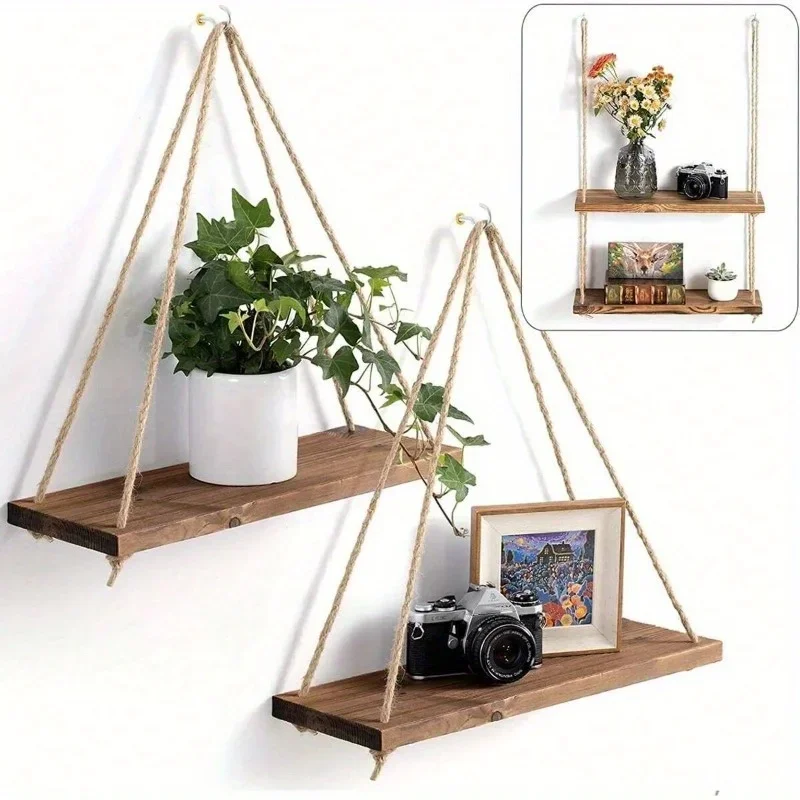 麻縄で吊るされた木製の壁の棚,1ピース,家,居間,植木鉢,収 - Flower Wall Panel のレビューと価格