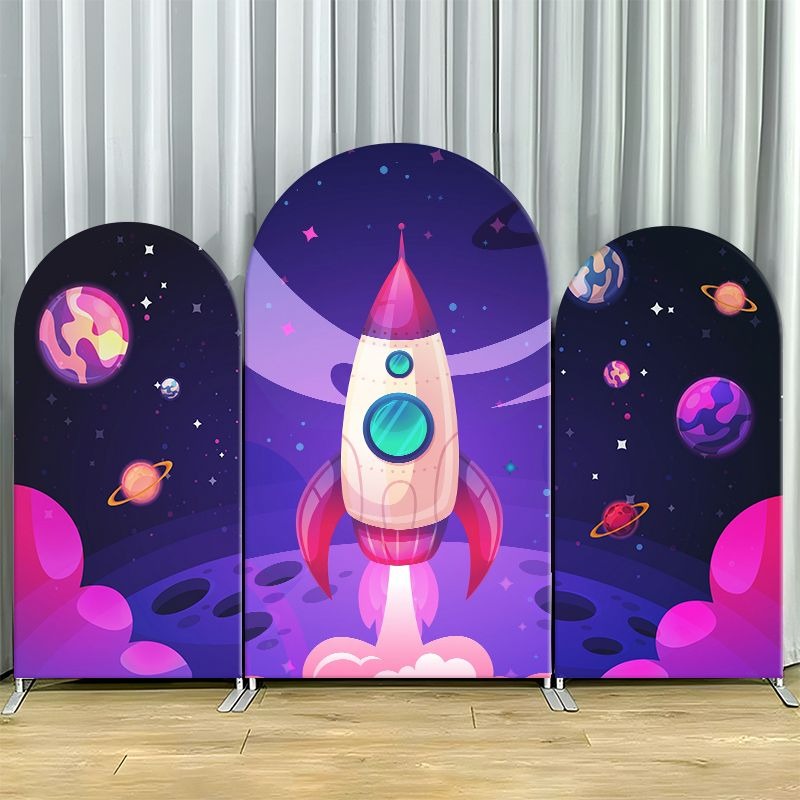 伸縮性のある二重構造の背景カバー。惑星と星が描かれた宇宙ロケ - Event Launch Party のレビューと価格